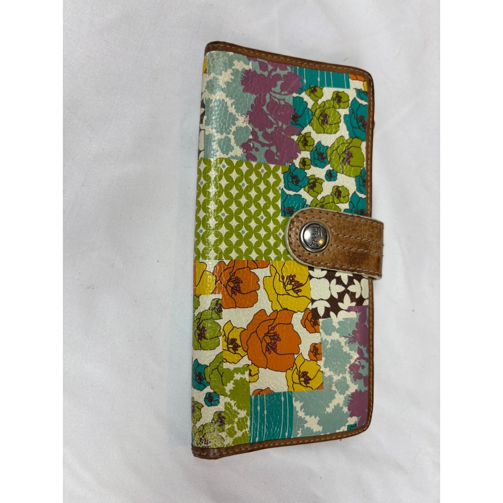 Fossil Patchwork Floral Bifold Wallet Leather Trim Green Polka Dot Organizer
